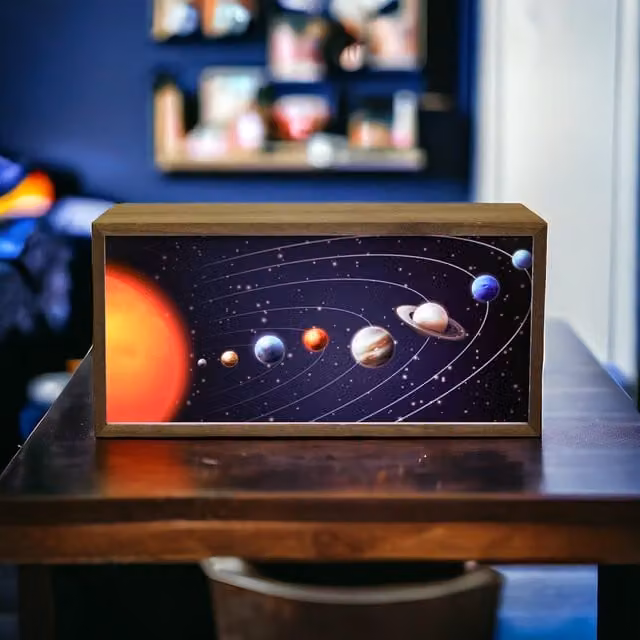 Echo Three Solar System LED Night Light in Brown Wood, W/D/H: 30 x 15 x 7 cm