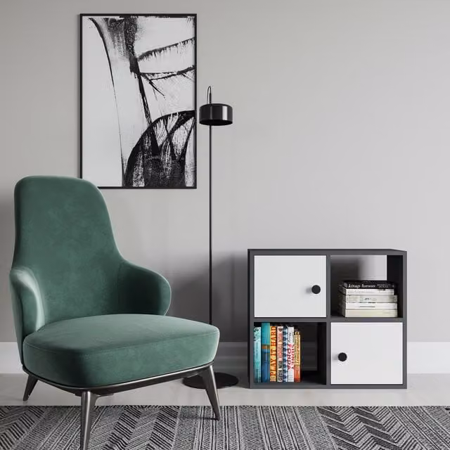 Decorotika Tasso Bookcase with Cabinets in Anthracite and White, W: 62.6 cm, D: 63.5 cm, H: 63.5 cm