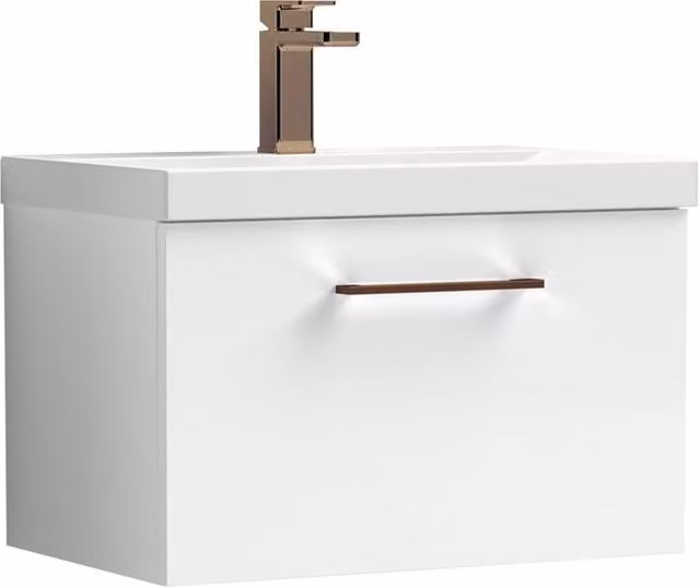 Balterley Gloss White Wall Hung 1 Drawer Vanity Basin Unit with Bronze Handle