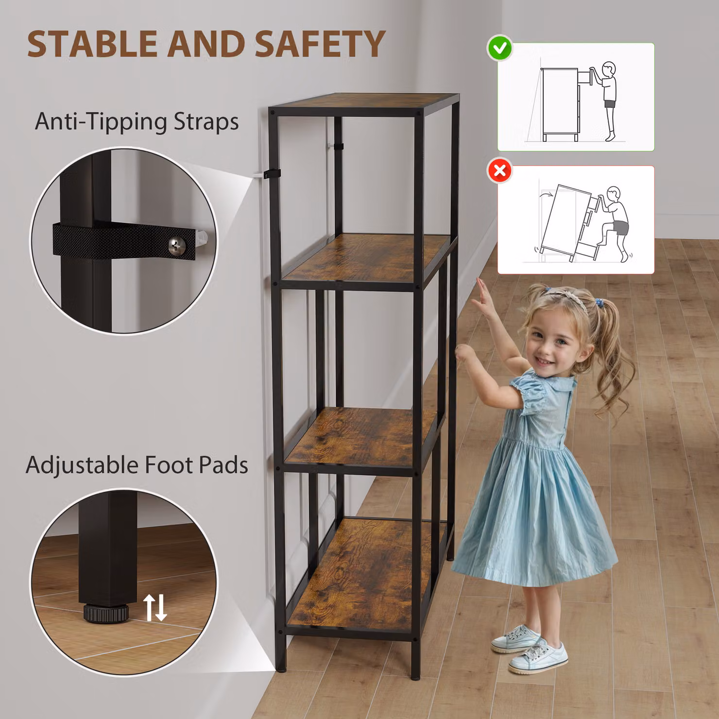 HOMCOM 4-Tier Industrial Bookshelf with Open Shelves in Brown and Black – 4