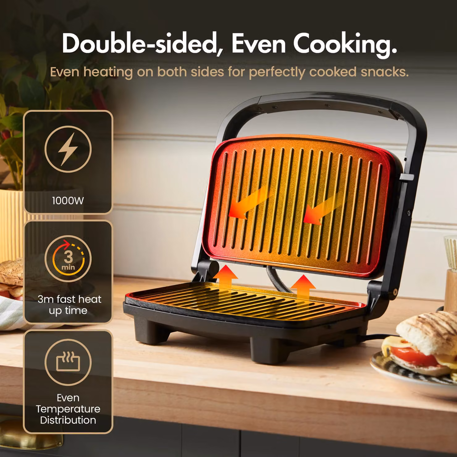 VonShef Two Slice Non-Stick Panini Press Grill in Black with Ceramic Coating and Overheat Protection – 4