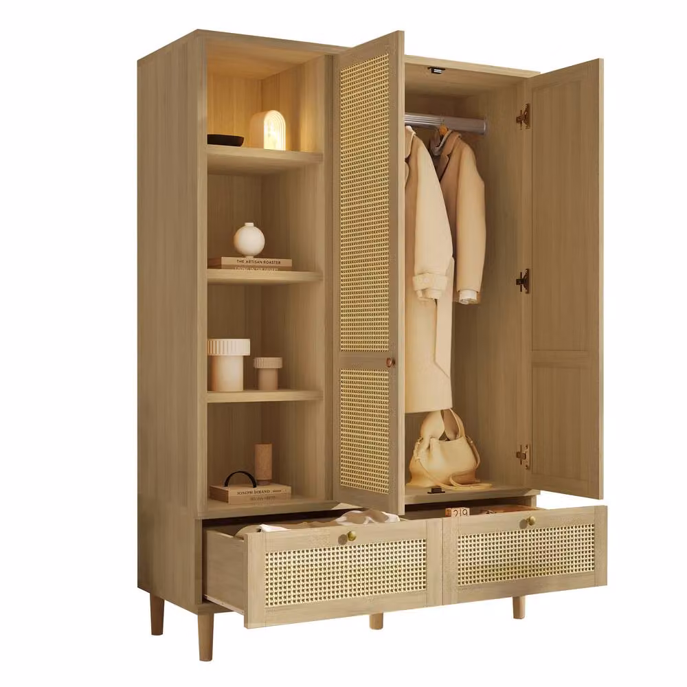 Merax Oak Rattan Effect Wardrobe with Soft-Close Hinged Doors, Open Shelves, Hanging Rail and Drawers in Natural Brown and Beige – 6
