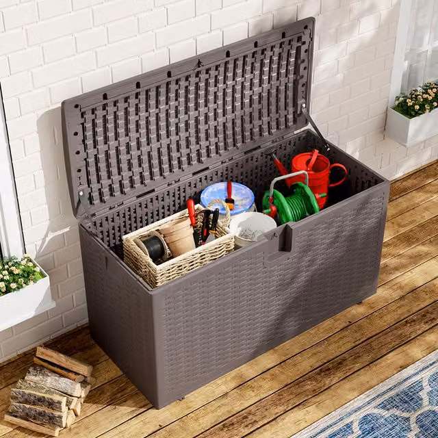 Livingandhome Brown Rattan Plastic Outdoor Garden Storage Deck Box