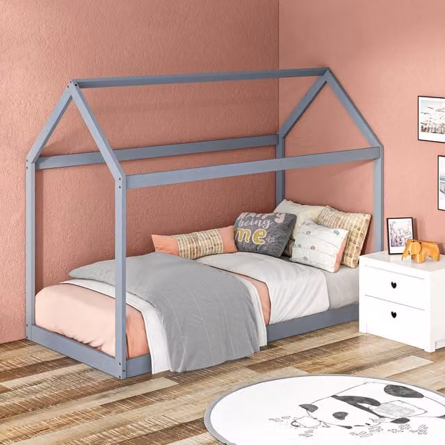 HOMCOM House Style Solid Wood Single Bed Frame in Grey, 90 x 190 cm