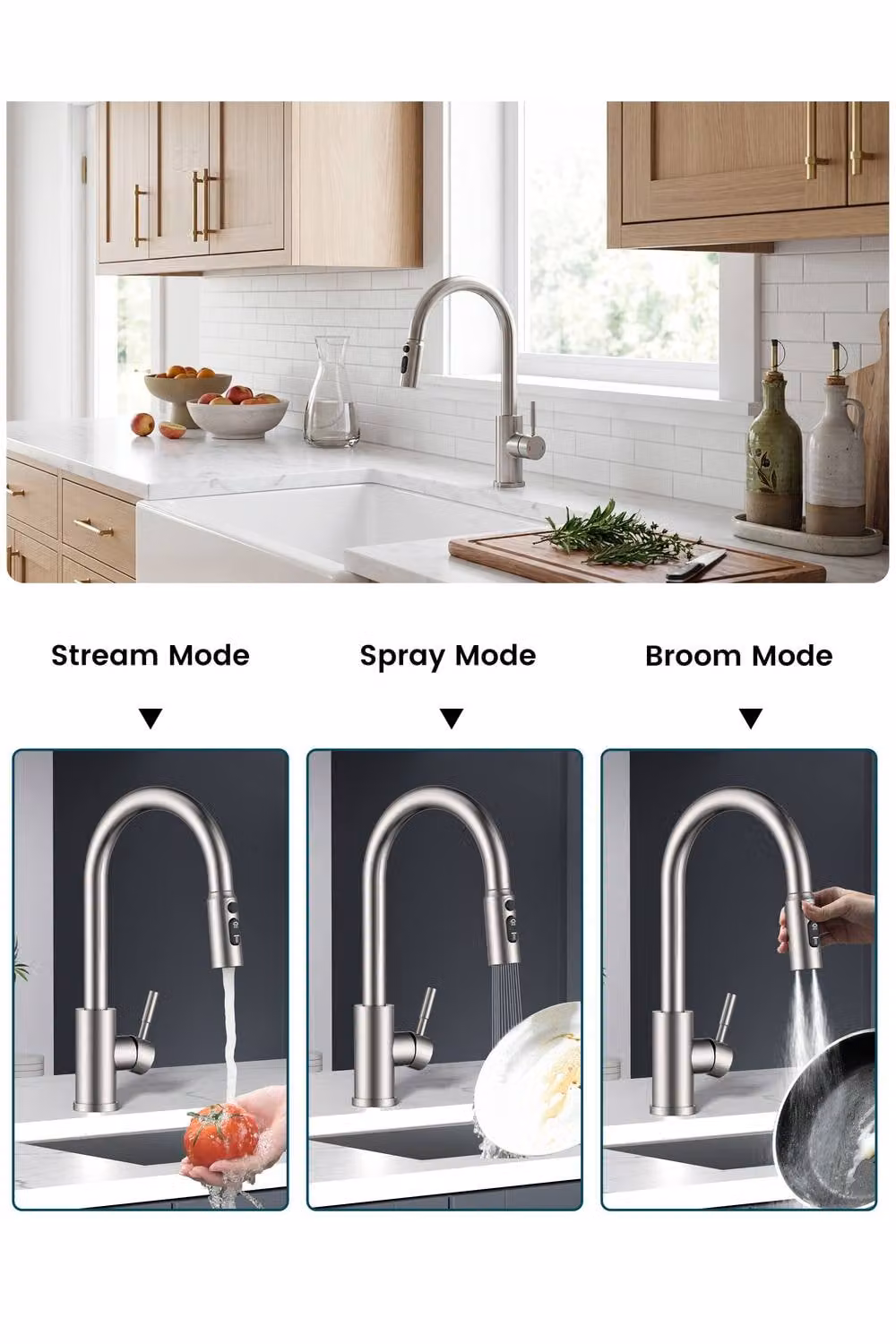 JANLEMNY Kitchen Mixer Tap with 3-Mode Pull-Out Spray, Brushed Stainless Steel in Silver, W/D/H: 1000 x 400 mm – 2