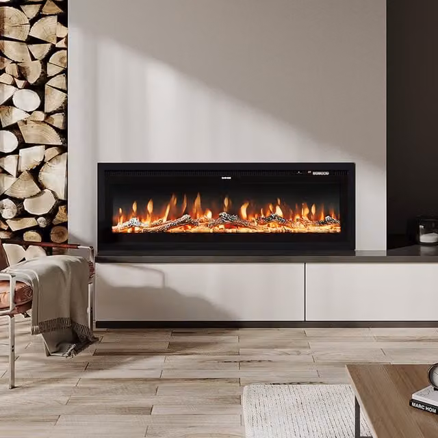 Livingandhome Black Electric Glass Fireplace with Remote, Width: 101.6 cm
