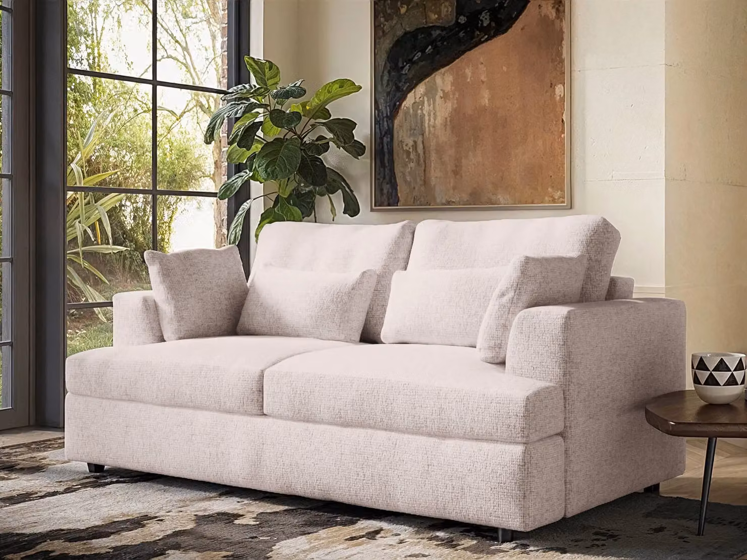 Solace+Co Drew 2 Seater Chenille Sofa in Cream with Removable Covers and Scatter Cushions – 2