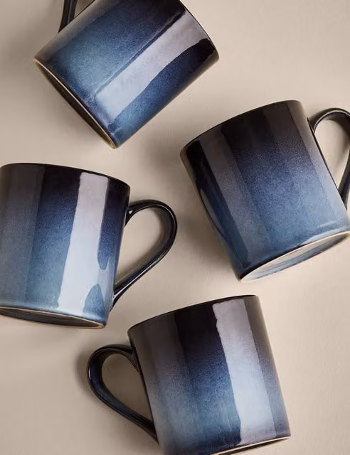 M&S Set of 4 Amberley Reactive Stoneware Mugs in Navy Blue