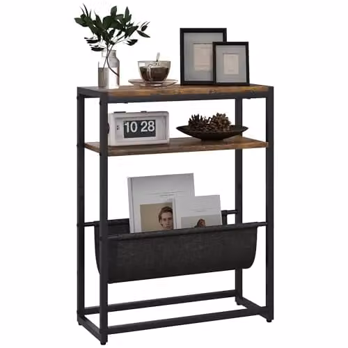 HOMCOM Industrial Narrow Side Table with 3-Tier Storage, Brown and Black, W: 43 cm, D: 18 cm, H: 56 cm – 1