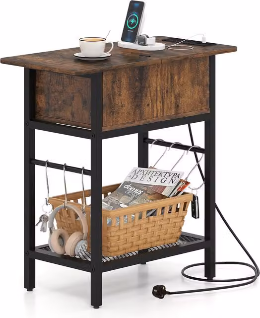 COSTWAY Industrial Slim Side Table with Charging Station in Brown
