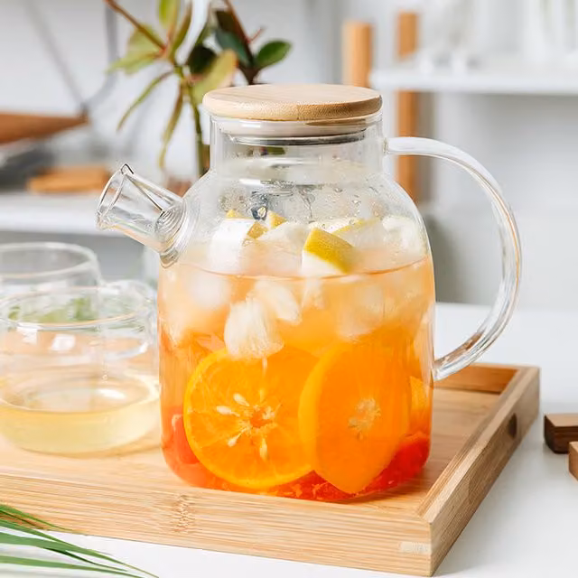 Livingandhome Heat-Resistant Glass Teapot with Bamboo Lid, Transparent, Height: 21.5 cm