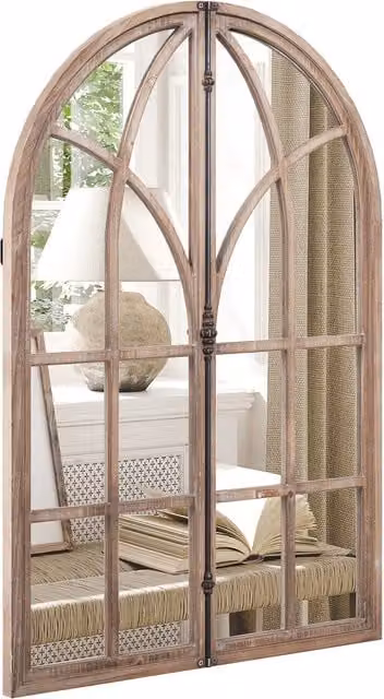 COSTWAY Rustic Rectangular Wall Mounted Decorative Mirror in Brown Wood and Metal
