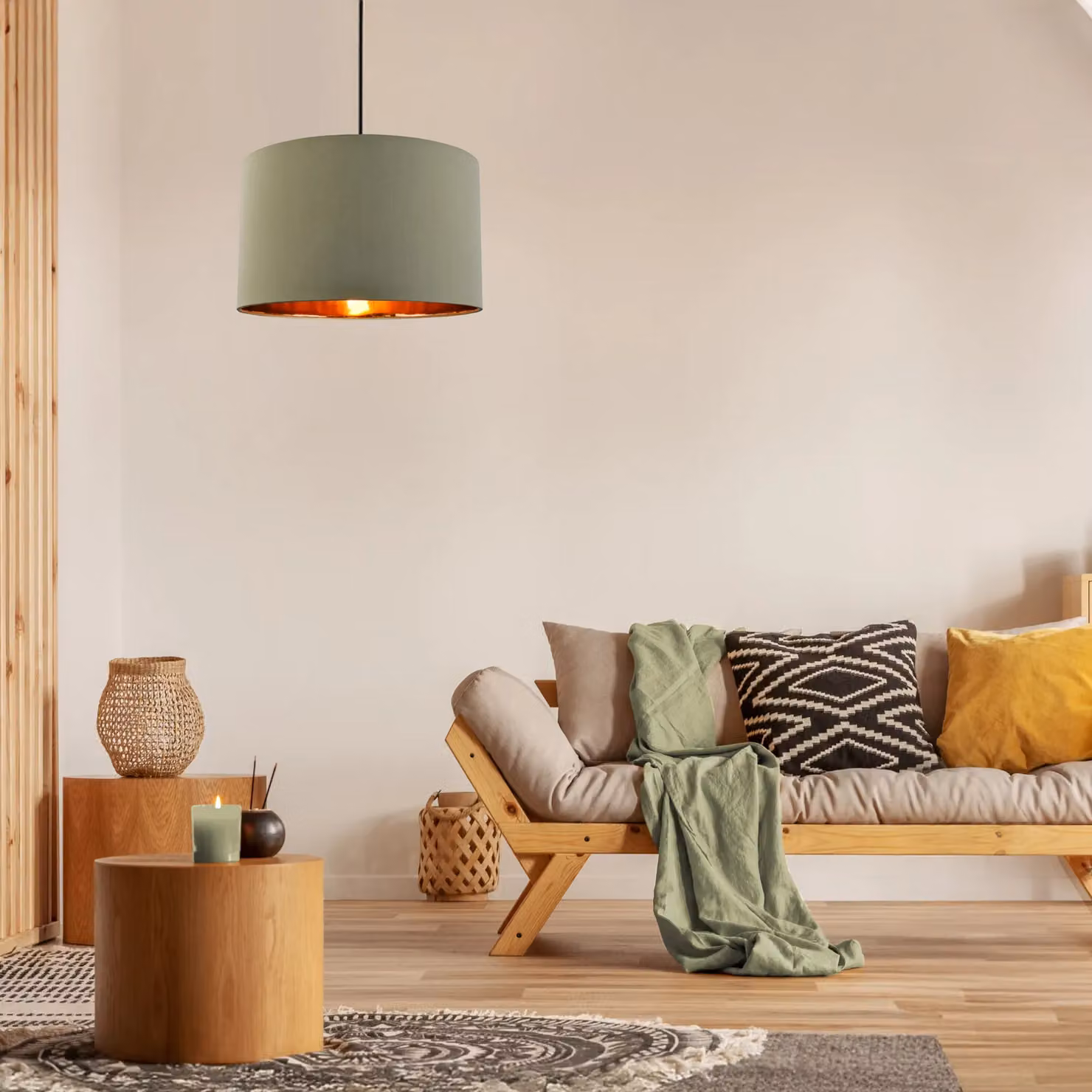 Happy Homewares Contemporary Round Cotton Drum Lamp Shade in Olive Green with Shiny Copper Inner – 6