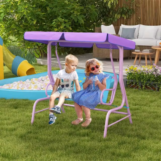 Outsunny Kids Fairy Theme 2-Seat Garden Swing Chair with Adjustable Sun Canopy in Blue and Purple