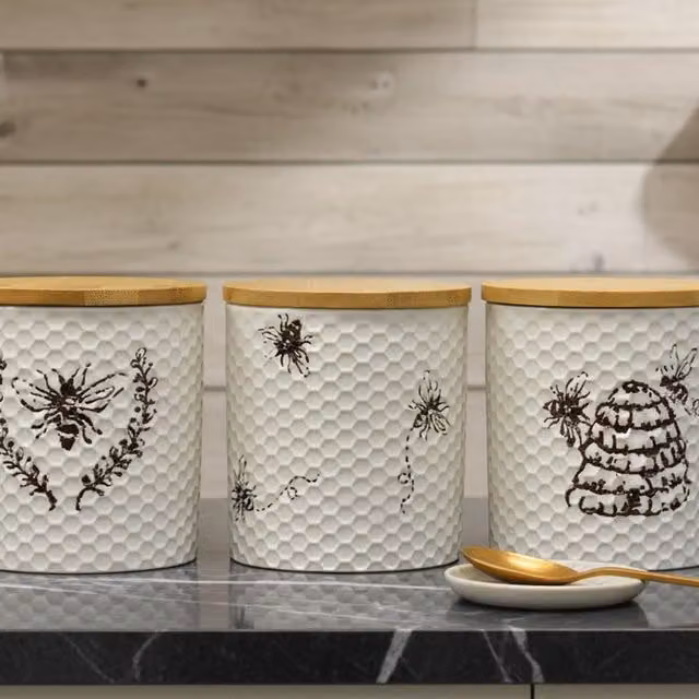 DEENZ Set of 3 White Ceramic Bee Storage Canisters with Airtight Wood Lids and Geometric Design, W: 16 cm, D: 12 cm, H: 12 cm
