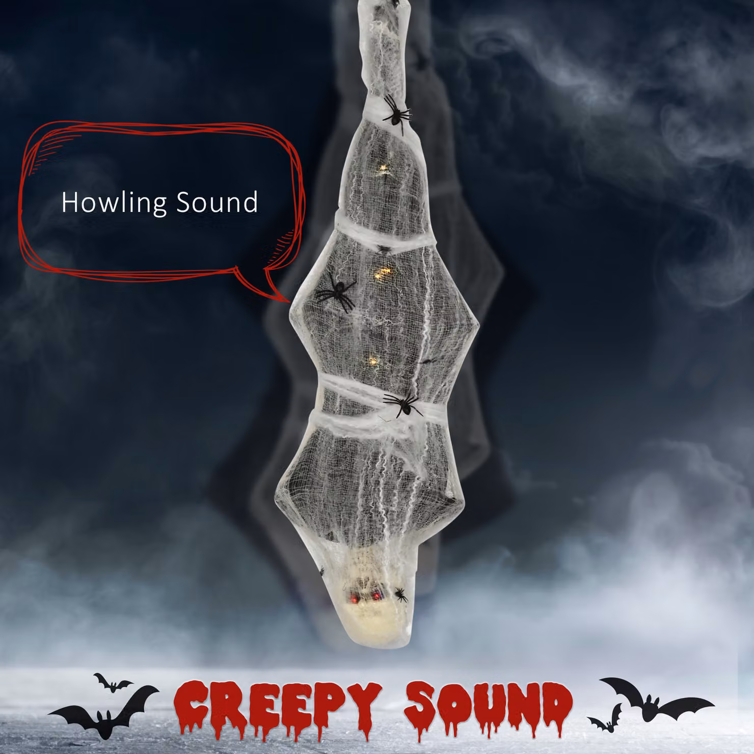 HOMCOM Life Size Hanging Mummy Outdoor Halloween Decoration with Sound, Motion Activation and Light Up Eyes in Red and White – 3