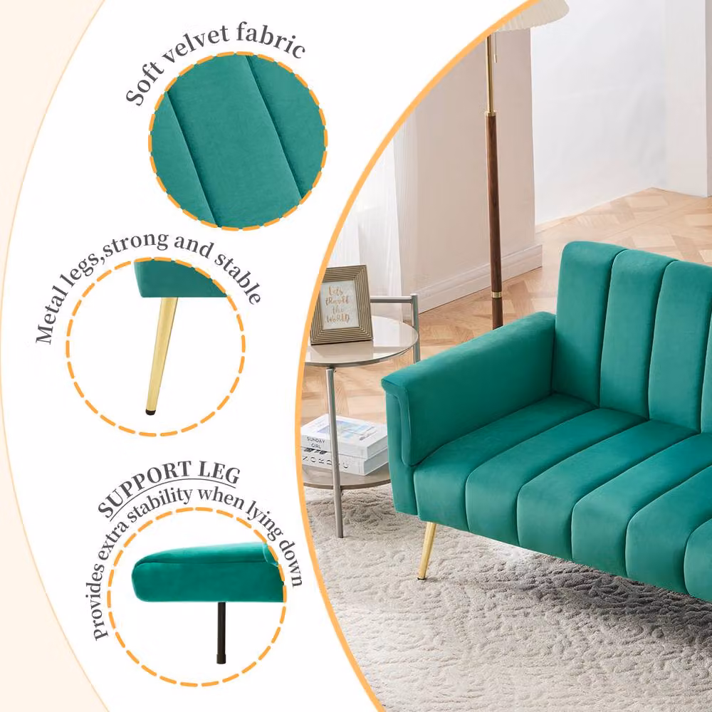 BTM Green Velvet Folding Sofa Bed with Foam Upholstery and Removable Covers, W/D/H: 183 x 75 x 76 cm – 2