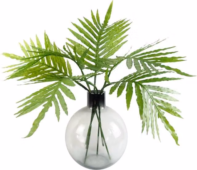 Artificial Tropical Palm Leaves in a Grey Glass Ball Vase, Green, H 40 cm x W 34 cm x D 34 cm
