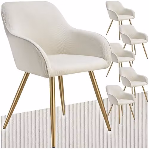 tectake Set of 6 Marilyn Dining Chairs in Corduroy Look with Armrests, Cream and Gold