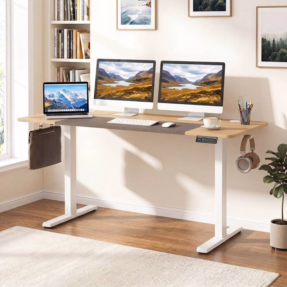 Gymax Height Adjustable Electric Standing Desk in White and Beige, W/D/H: 140 x 60 x 60 cm – 2