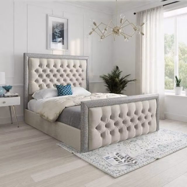 KDMD Wappenham Designer Bed Frame in Cream Beige Soft Velvet with Glitter Border, Size: 140 x 200 cm