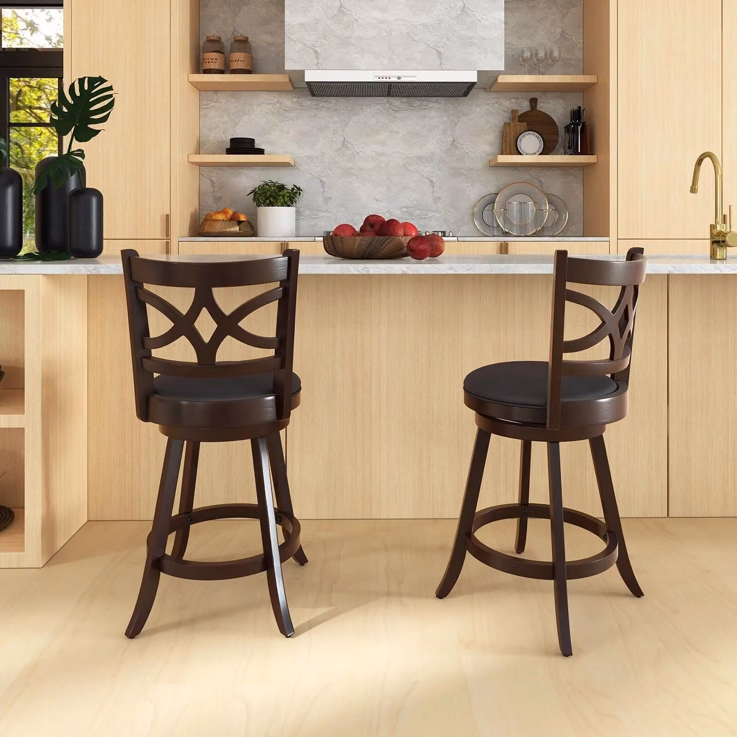 Costway Set of 2 Brown Swivelling Upholstered Bar Stools with Synthetic Leather Seats – 3