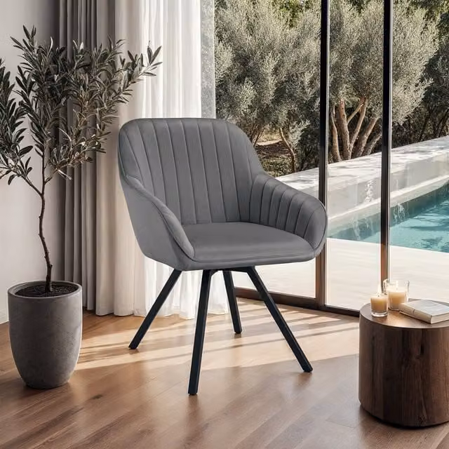 Tectake Modern Grey Velvet Fabric Swivel Armchair with 360 Degree Rotation