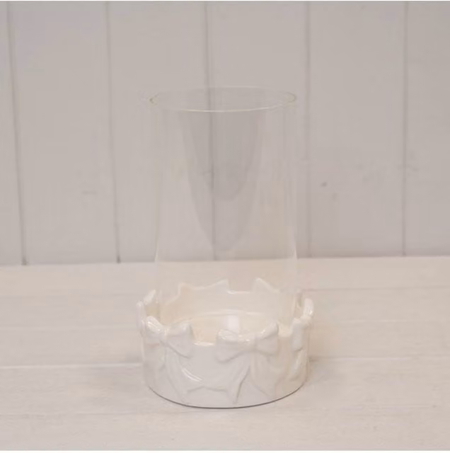 KDMD Round Bow Ceramic Candle Holder with Transparent Glass Insert in White