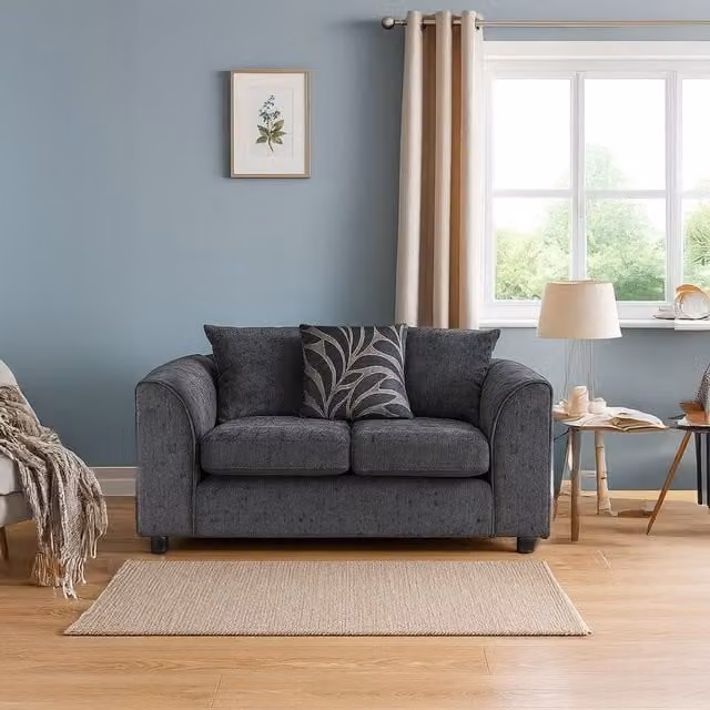 Furnishings For Less UK Zina 2 Seater Chenille Fabric Sofa in Grey with Scatter Cushions