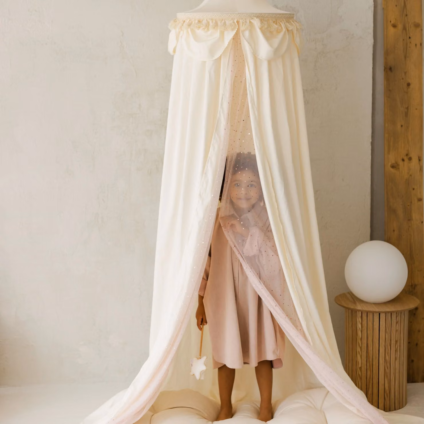 MiniCamp Kids Bed Canopy in Tulle and Tassels, Beige – 2