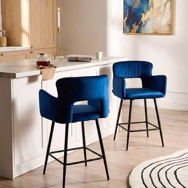 Wyld and Coco Noble Navy Blue Velvet Bar Chair Set of 2 with Armrests and Cut Out Backrest