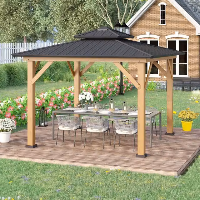 Outsunny Black Hardtop Outdoor Gazebo Canopy with 2-Tier Hip Roof, W/D: 350 x 350 cm
