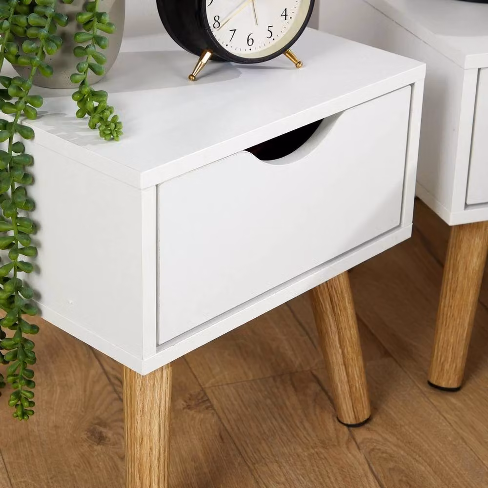 VOGREX Pair of Modern White Wooden 1 Drawer Bedside Cabinets – 2