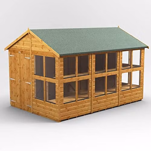 POWER Apex Potting Wooden Shed with Double Doors and Windows in Brown, W/D/H: 384.25 x 258.0 x 240.38 cm