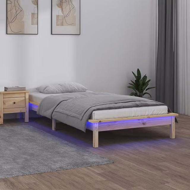 Berkfield Home Small Single Solid Wood LED Bed Frame with USB Charging Port, Brown, W: 75 cm, L: 190 cm – 1