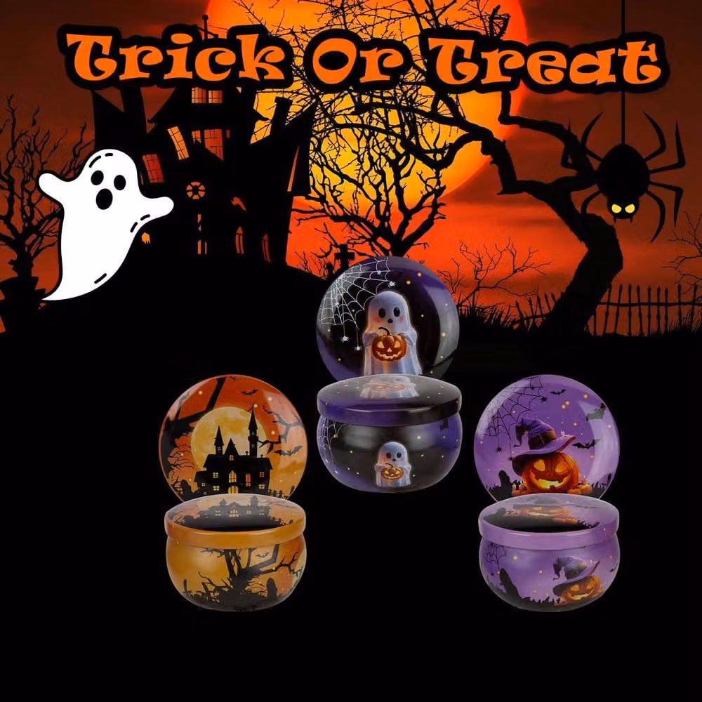 VFM e-Store Halloween Ceramic Tealight Candle Pot in Multicolour House, Ghost and Pumpkin Designs – 3