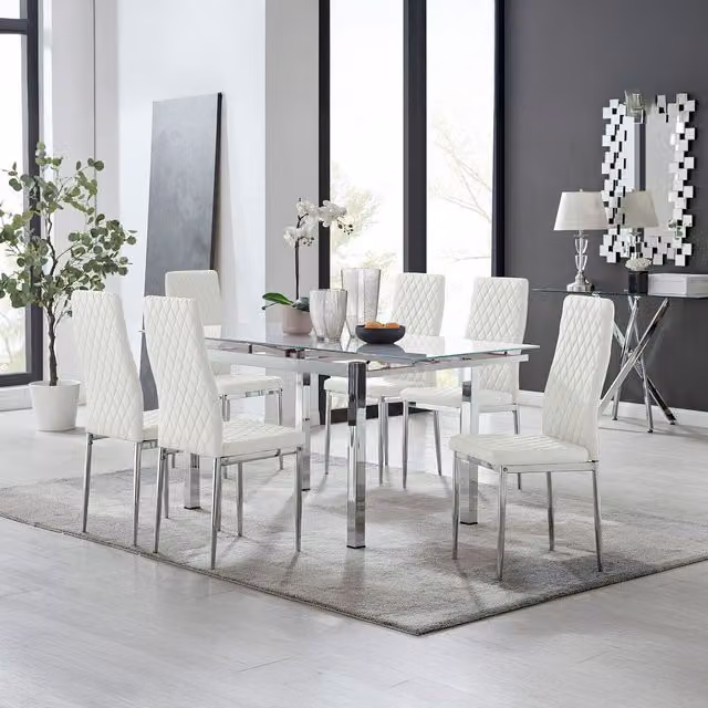 FurnitureboxUK Enna White Glossy Glass Extending Modern Kitchen Dining Table and 6 Milan Chairs