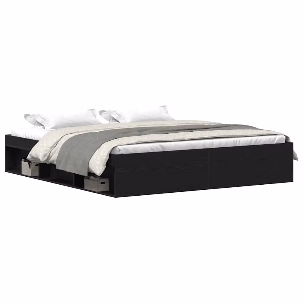 Berkfield Home Black Oak Bed Frame with Side Compartments in Brown, W/D/H: 200 x 200 cm – 2