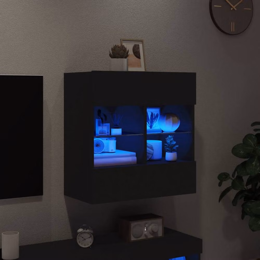 Berkfield Home Modern Wall Mounted TV Cabinet in Black with Integrated LED Lighting and Internal Shelves W/D/H: 58.5 x 30.0 x 60.5 cm – 3