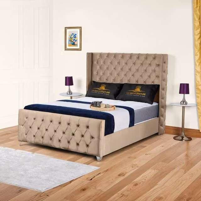 UK Bed Furniture Windsor Wingback Gas Lift Storage Upholstered Bed in Beige, Double (140 x 200 cm)