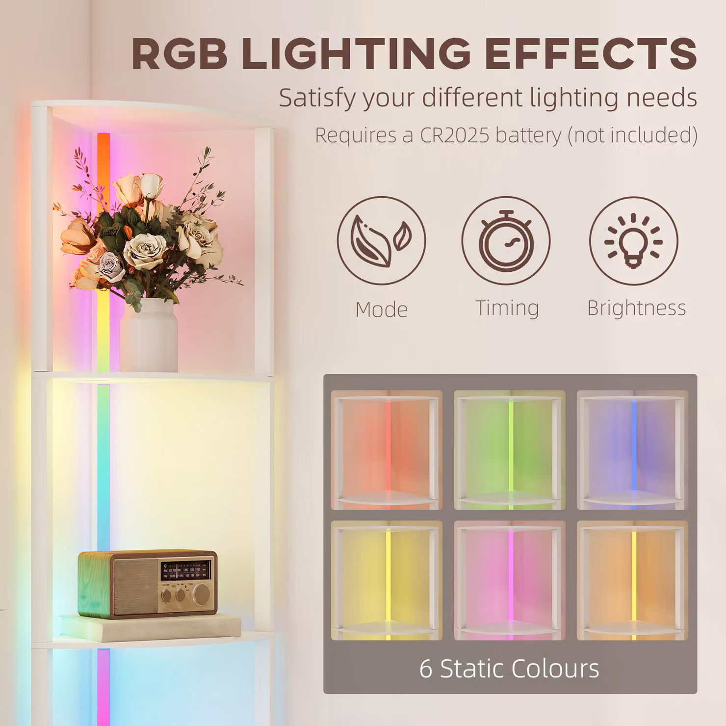 HOMCOM RGB LED Floor Lamp with 5-Tier Shelving, Dimmable Standing Lamp with Remote Control and Adjustable Brightness, Modern White Corner Display Unit for Living Room, Bedroom or Office – 3