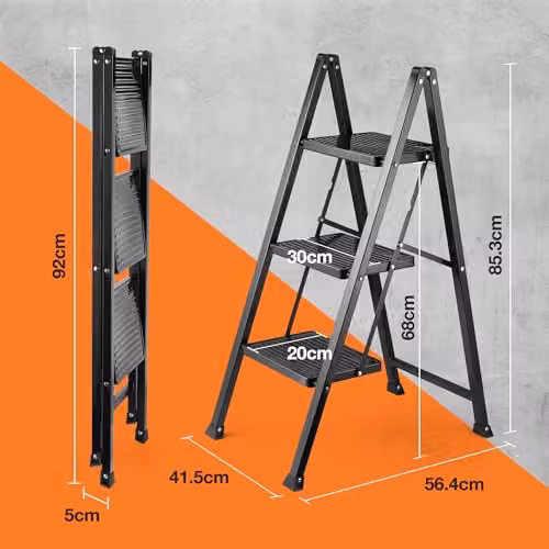 VonHaus Slim 3 Step Steel Ladder in Black with Anti-Slip Rubber Feet and 150kg Capacity – 2