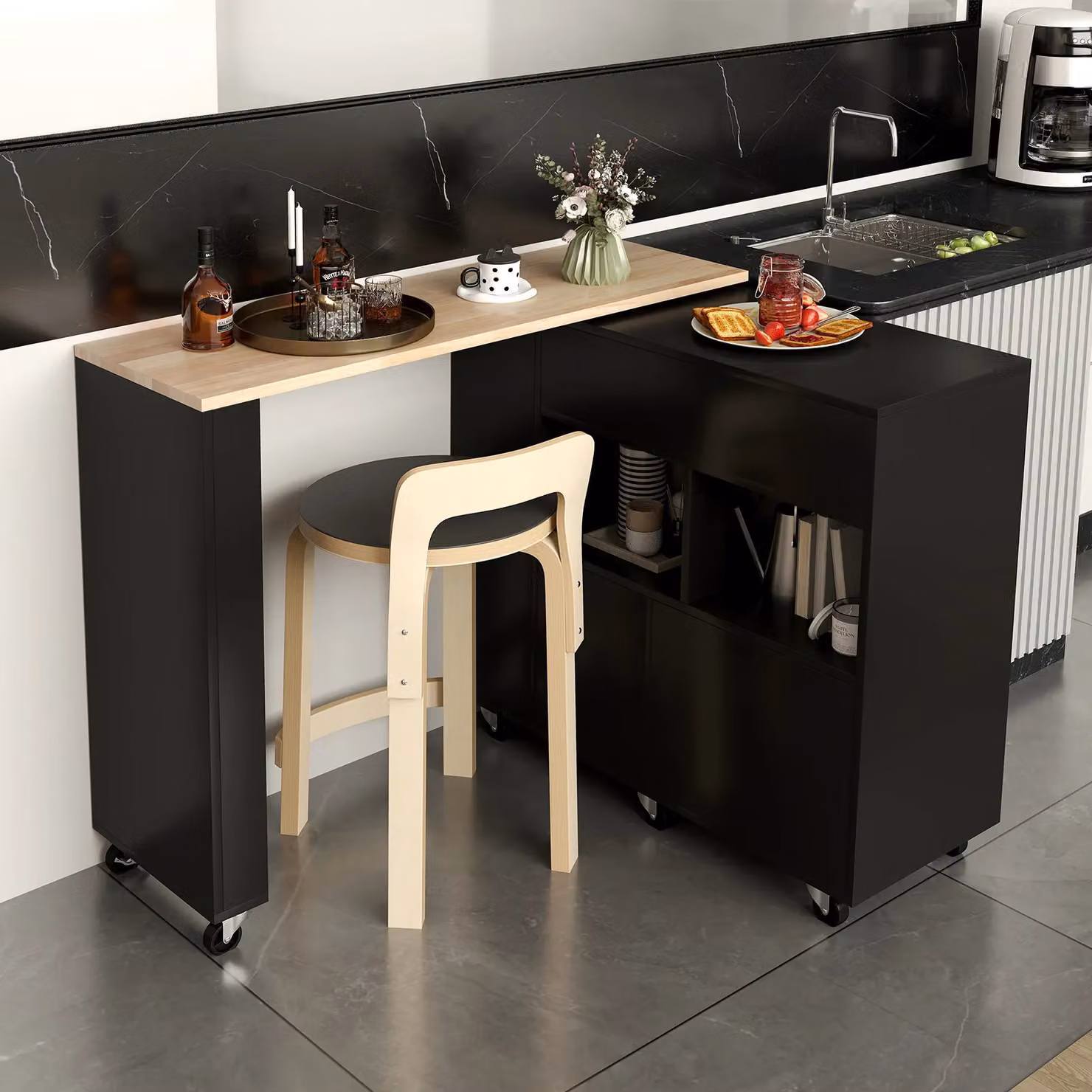 Gymax Kitchen Island Wine Bar Table Combo, Reversible Mobile Serving Cart in Black Rubberwood – 5