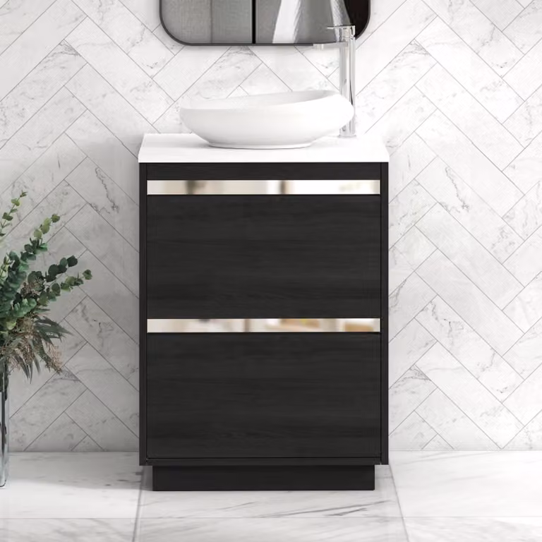 Royal Bathrooms Orion 600mm Hale Black Floor Standing 2 Drawer Vanity Unit with Nova Basin and Chrome Accent Trim in Plain White