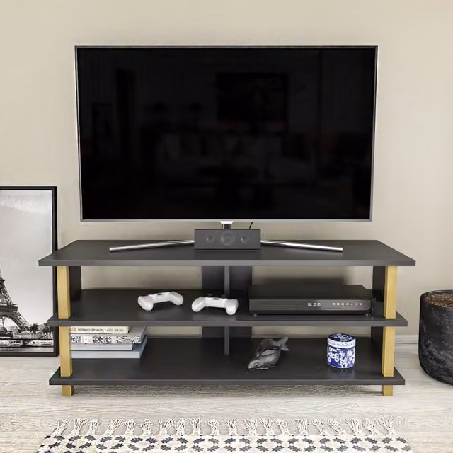 Decorotika Pueblo Modern TV Unit with Shelves in Gold and Anthracite, W/D/H: 120 x 45 x 47 cm