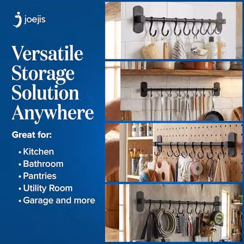 Joeji's Black Aluminium Kitchen Utensil Rack with 8 Hanging Hooks, 40 cm, Self-Adhesive Wall Mount – 3