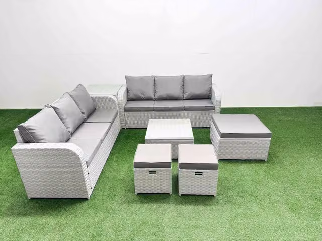 Fimous 9 Seater Grey Wicker Rattan Garden Furniture Set with High Back Lounge Sofa, Square Coffee Table and 3 Ottomans