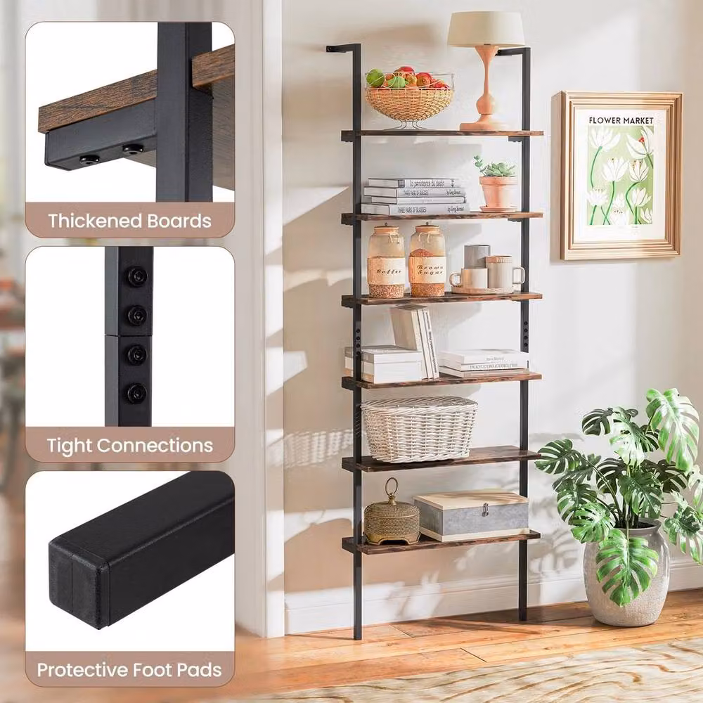 VOGREX Brown Industrial 6-Tier Wall Mounted Ladder Shelf – 4