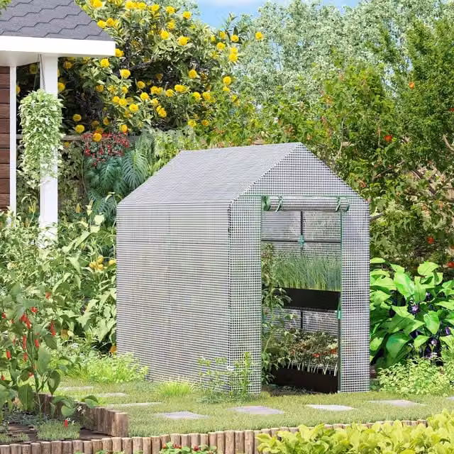 OUTSUNNY Walk In Greenhouse with Shelves, White, W/D/H: 186 x 120 x 190 cm