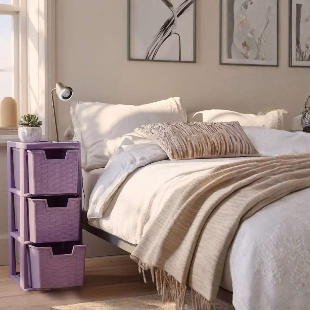 FLAVORA 3 Tier Medium Plastic Rattan Storage Drawer in Purple, W: 50 cm – 2